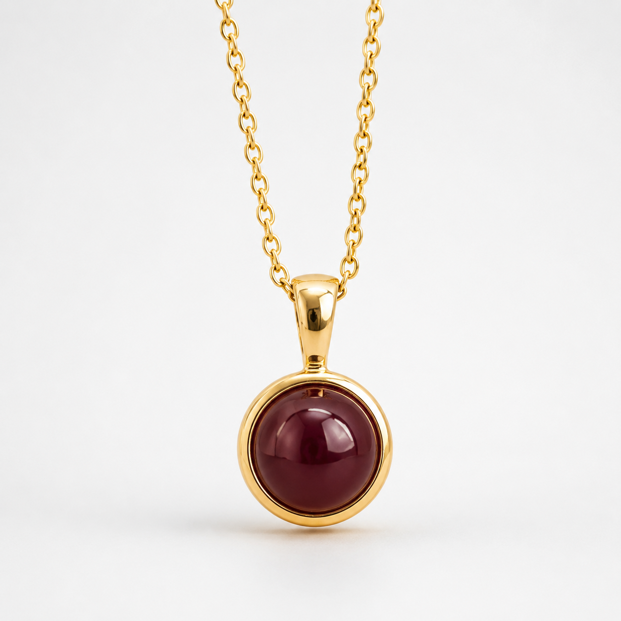 14K Gold Ruby Pendant – Round Natural Ruby Cabochon in Solid Gold Bezel Necklace

