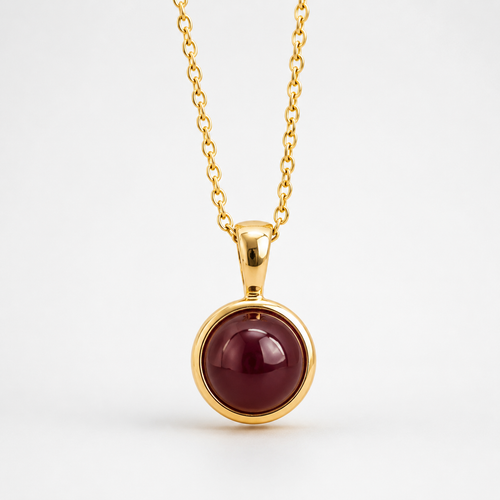 14K Gold Ruby Pendant – Round Natural Ruby Cabochon in Solid Gold Bezel Necklace
