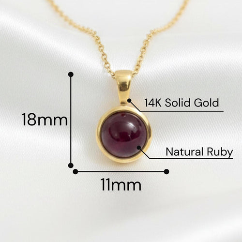 14K Solid Gold Ruby Pendant Size Guide – 18mm x 11mm Natural Ruby Cabochon Bezel Necklace
