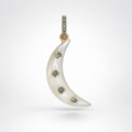 Moonstone crescent moon pendant with four bezel-set London blue topaz stones on the moon and blue topaz accents along the 14k gold bail, shown against a white background.