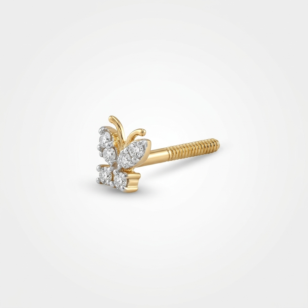 Profile view of a single 14k solid yellow gold butterfly stud earring with natural diamond wings, curved gold antennae and a threaded screw-back post, on a soft white background.