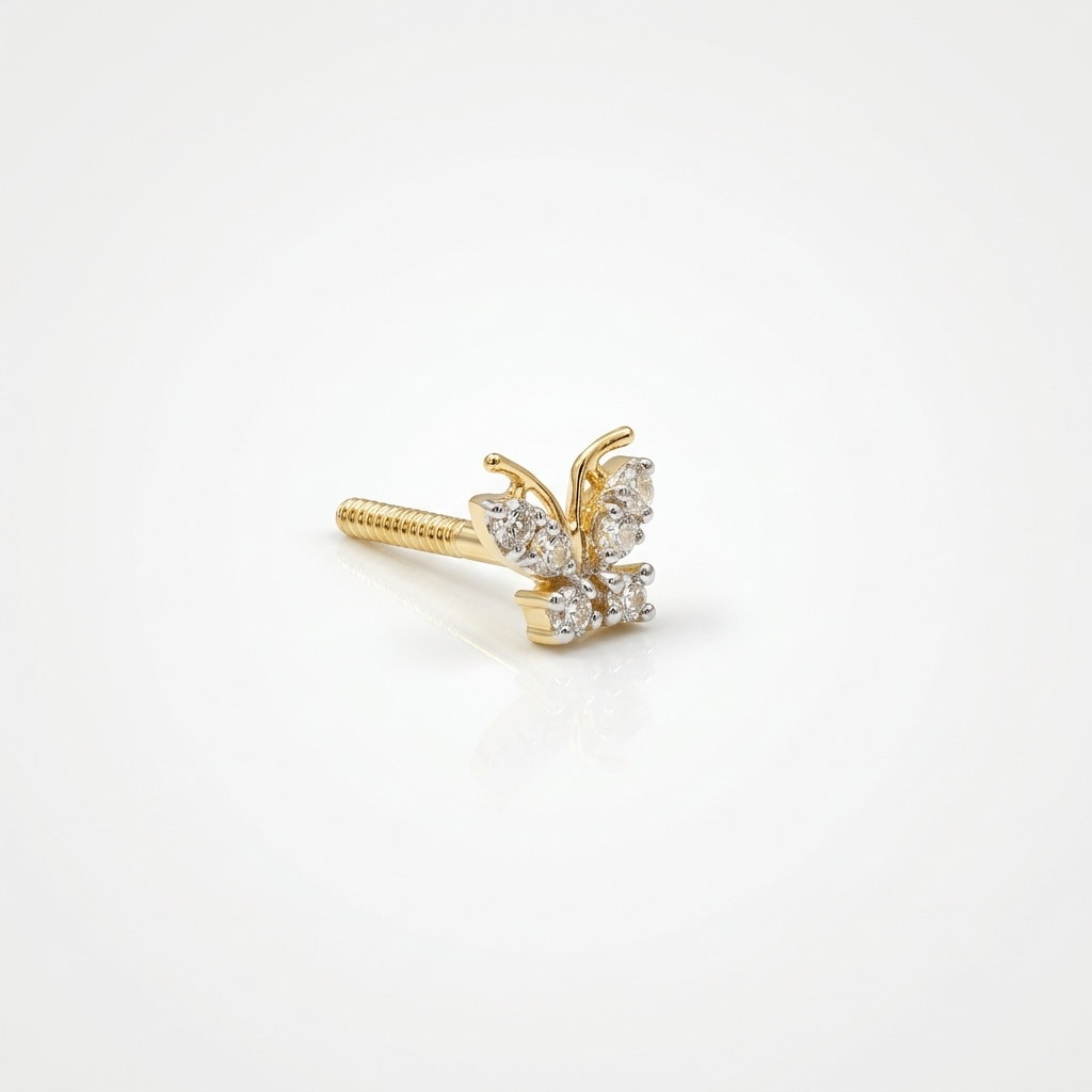 Side view of a single 14k solid yellow gold butterfly stud earring with natural diamond wings and curved gold antennae, showing its threaded screw-back post on a soft white background.⠋

