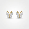 Pair of 14k solid yellow gold butterfly stud earrings with wings set with sparkling natural diamonds and curved gold antennae, shown on a soft white background.