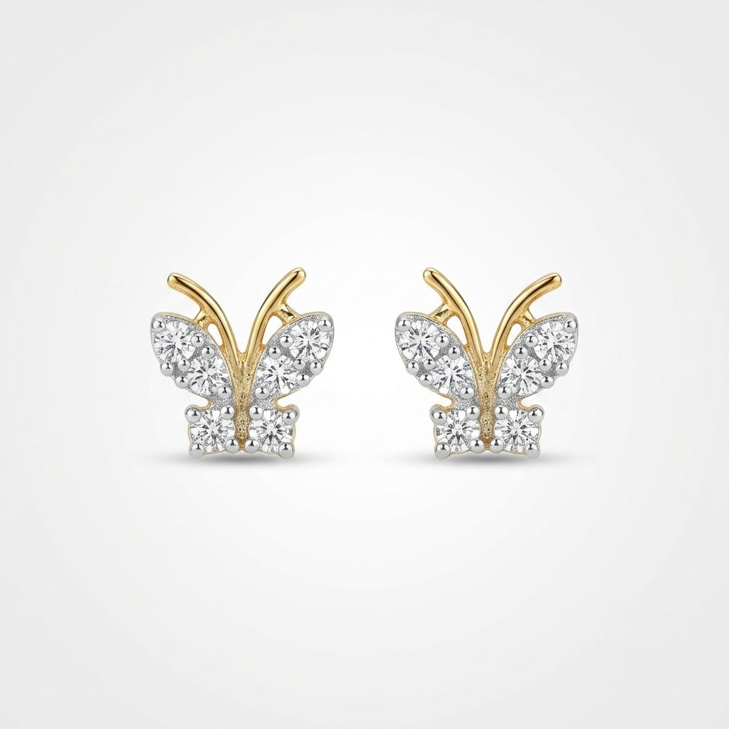 Pair of 14k solid yellow gold butterfly stud earrings with wings set with sparkling natural diamonds and curved gold antennae, shown on a soft white background.