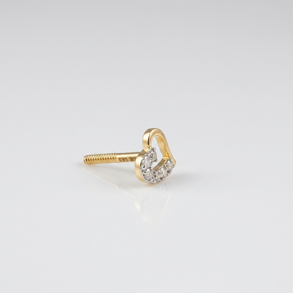 Profile view of a 14k solid yellow gold open heart stud earring with pavé-set natural diamonds and a threaded screw-back post, on a soft white background.