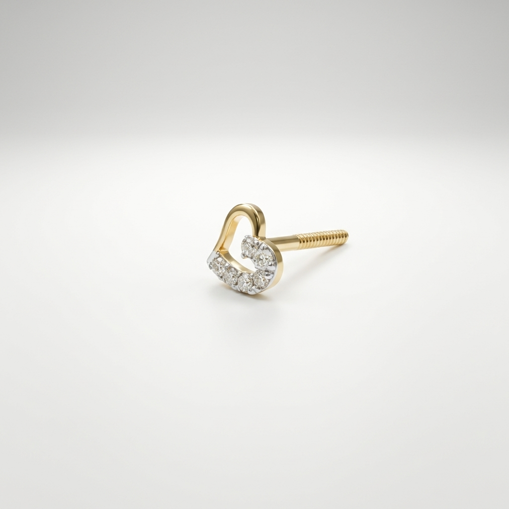 Side view of a single 14k solid yellow gold open heart stud earring with pavé-set natural diamonds, showing its threaded screw-back post on a soft white background.