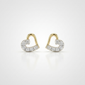 14k solid yellow gold open heart stud earrings with pavé-set natural diamonds, shown on a soft white background.