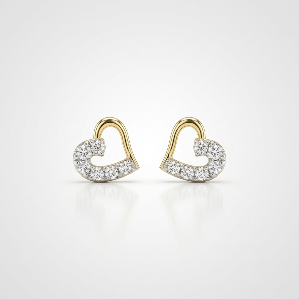 14k solid yellow gold open heart stud earrings with pavé-set natural diamonds, shown on a soft white background.