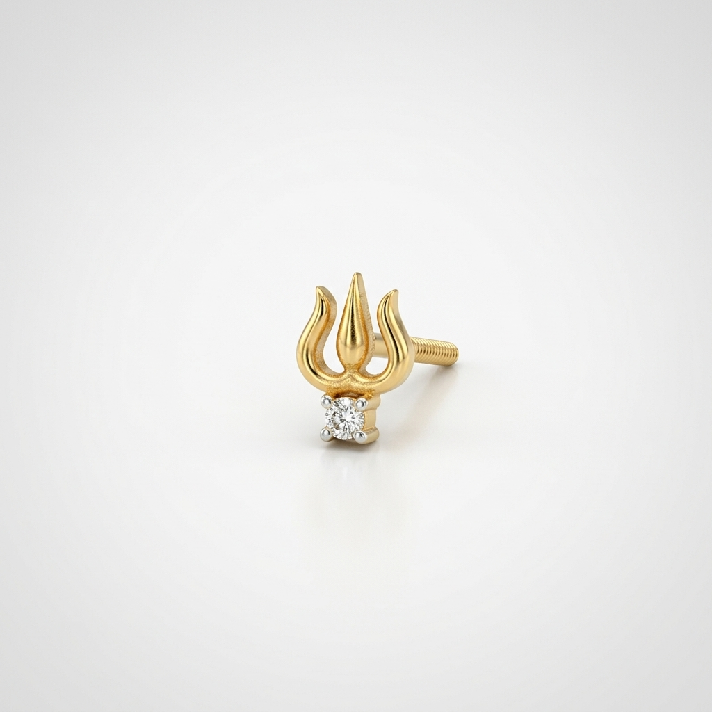 Profile view of a single 14k solid yellow gold trishul trident stud earring with a prong-set natural diamond at the base and a threaded screw-back post, on a soft white background.
