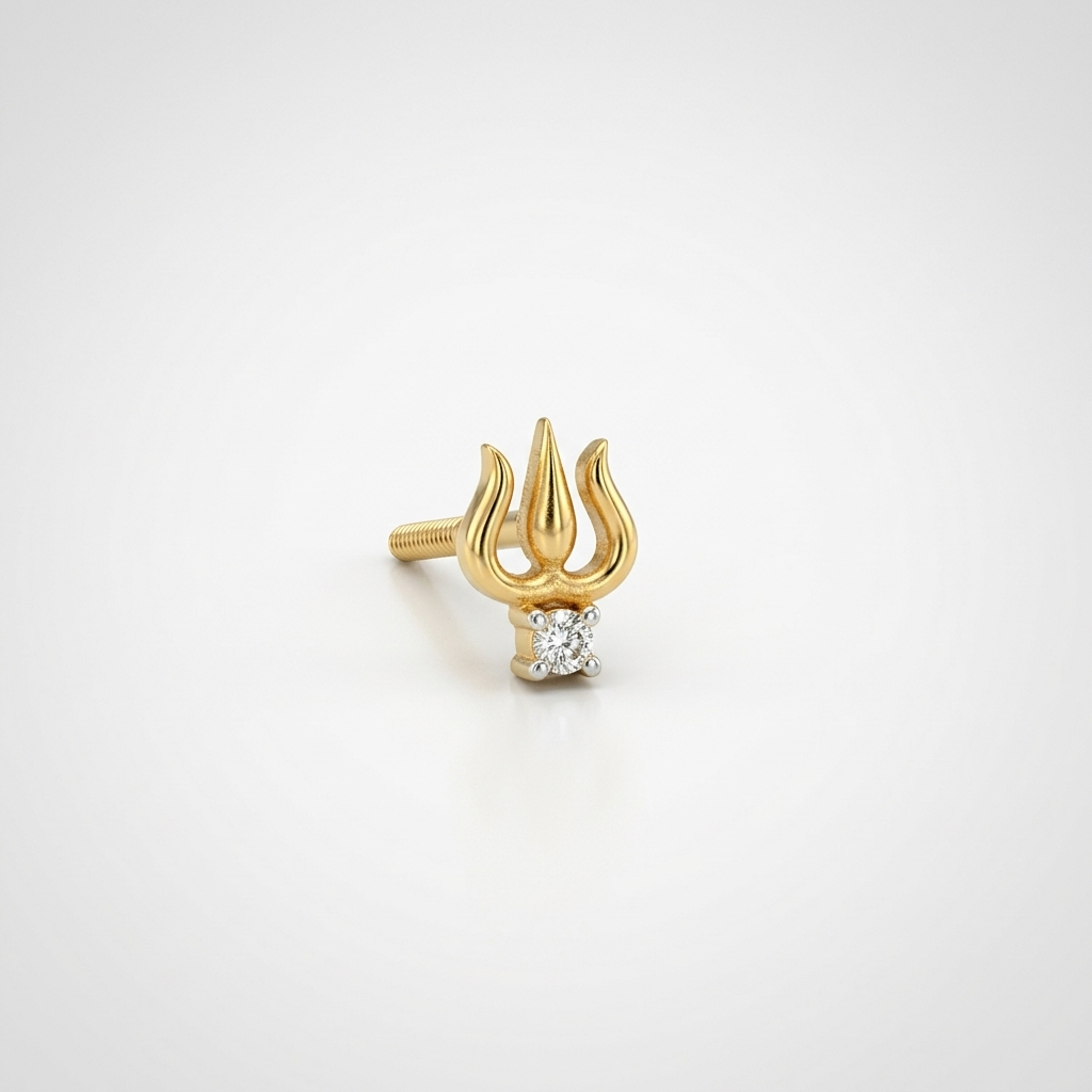 Side view of a single 14k solid yellow gold trishul trident stud earring with a prong-set natural diamond at the base, showing its threaded screw-back post on a soft white background.