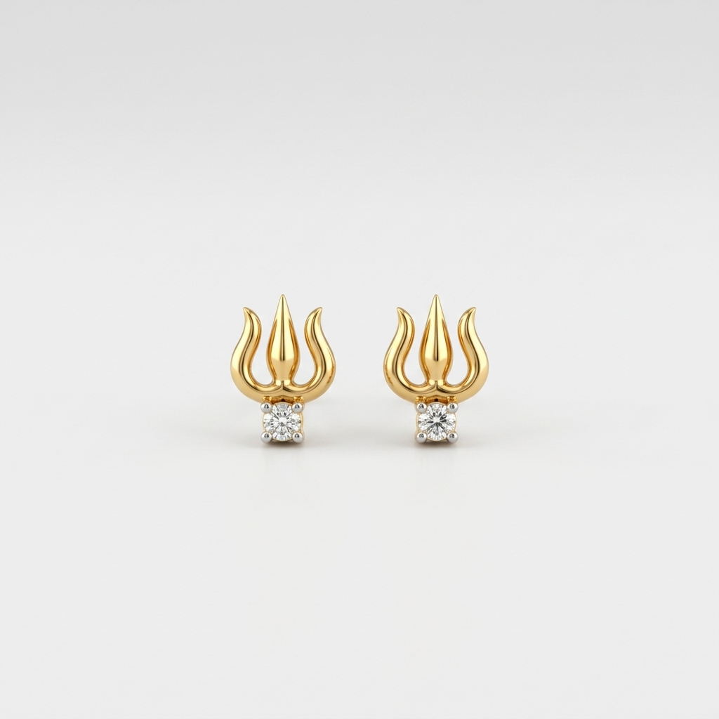 Pair of 14k solid yellow gold trishul trident stud earrings, each with a polished three-pronged gold design and a single prong-set natural diamond at the base, shown on a soft white background.