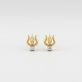 Pair of 14k solid yellow gold trishul trident stud earrings, each with a polished three-pronged gold design and a single prong-set natural diamond at the base, shown on a soft white background.