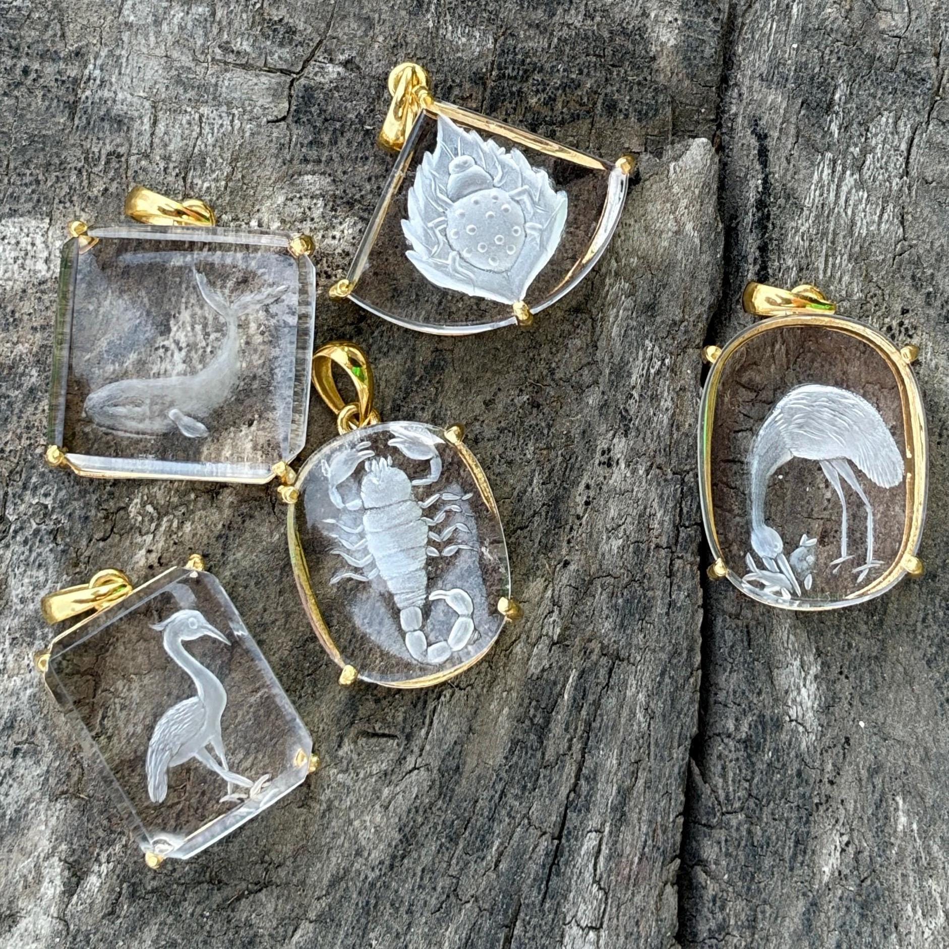 Rock Crystal Intaglio Pendant Collection – Flamingo Scorpion Pelican Fish Beetle Carved Clear Quartz
