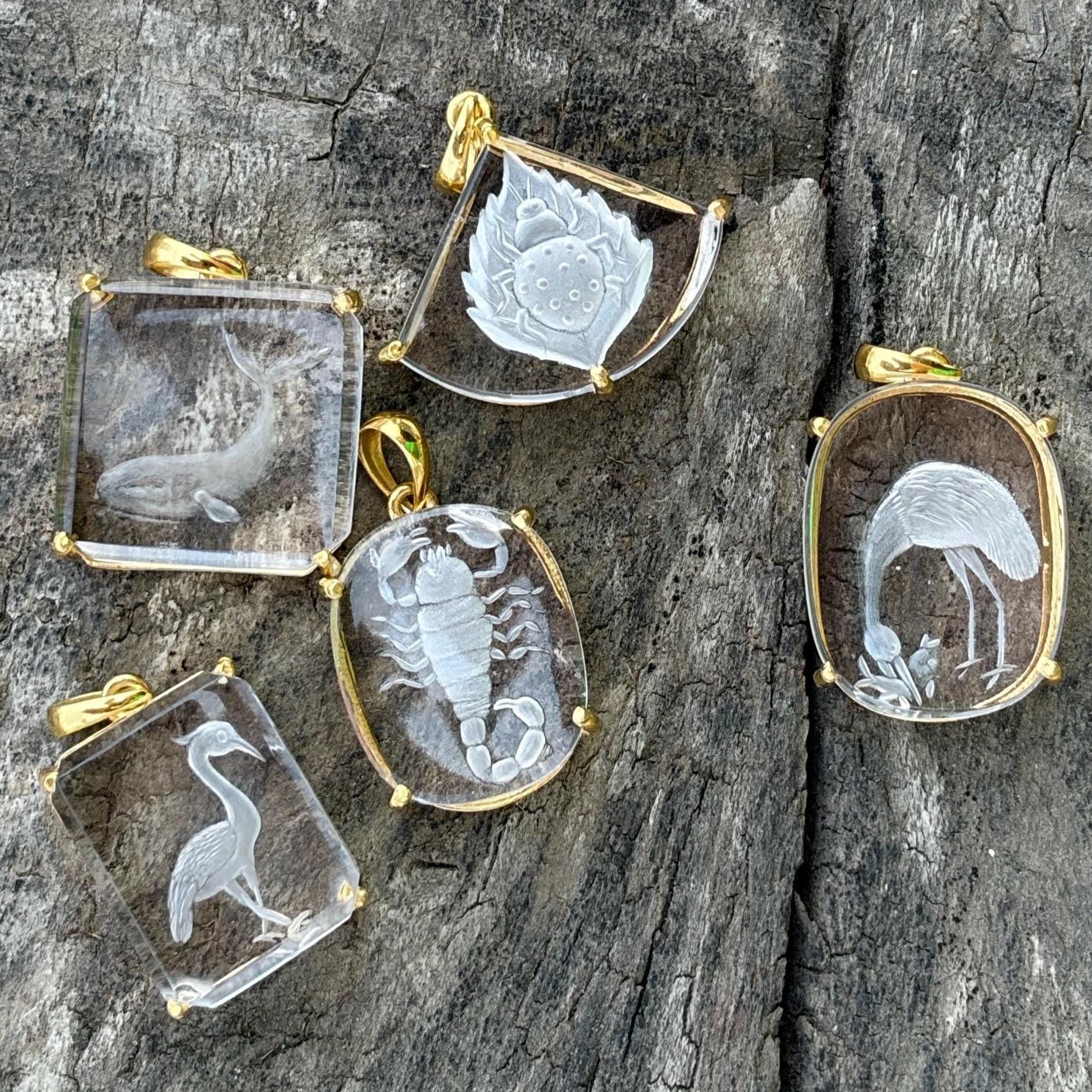 Rock Crystal Intaglio Pendant Collection – Scorpion Pelican Whale Lotus Flamingo Carved Clear Quartz
