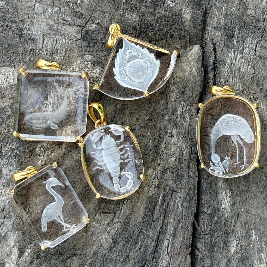 Rock Crystal Intaglio Pendant Collection – Bug Whale Scorpion Pelican Heron Carved Clear Quartz Gold
