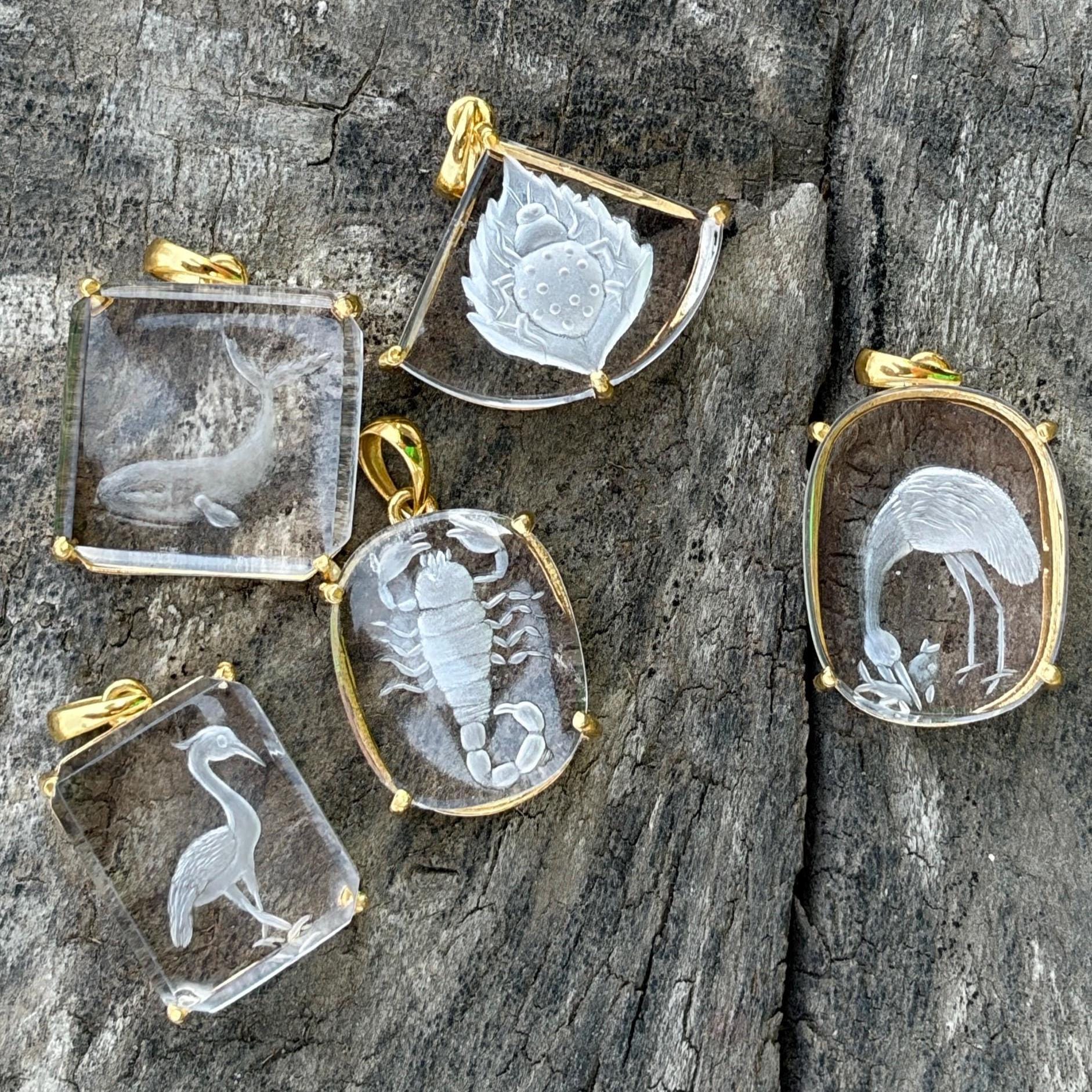 Rock Crystal Intaglio Pendant Collection – Bug Whale Scorpion Pelican Heron Carved Clear Quartz Gold

