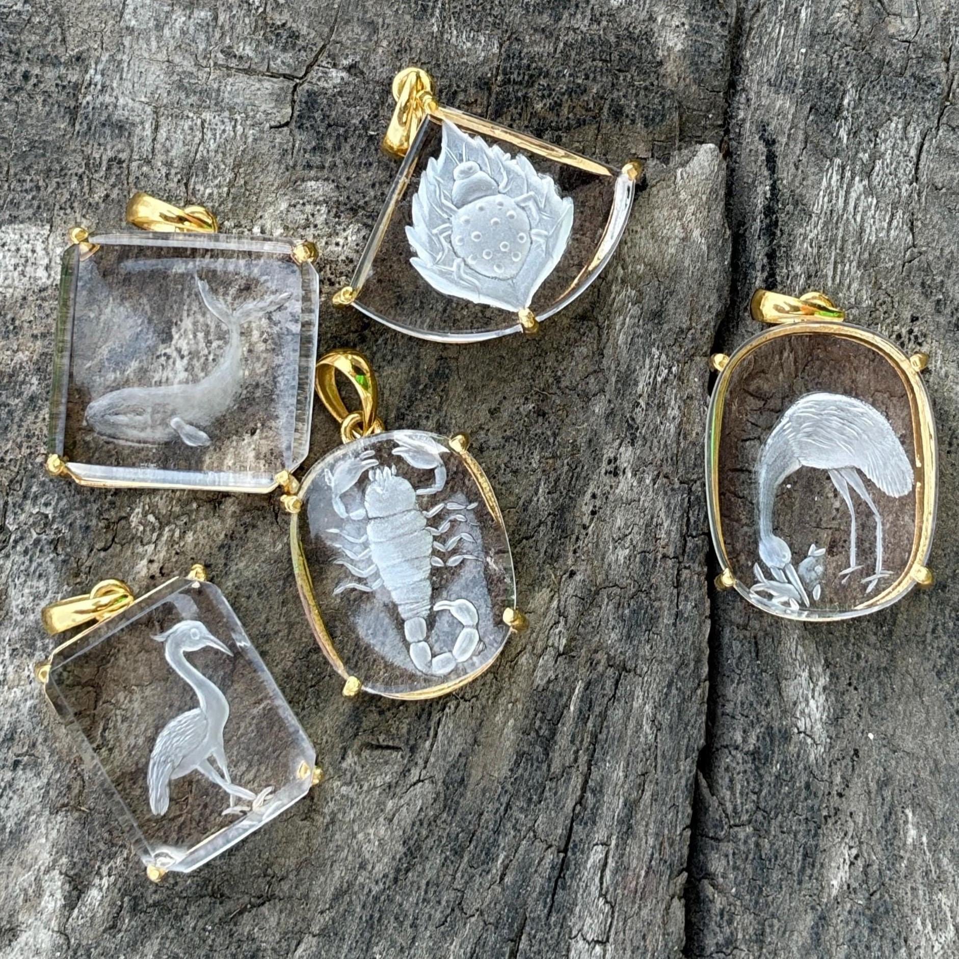 Rock Crystal Intaglio Pendant Collection – Heron Whale Bug Scorpion Pelican Carved Clear Quartz Gold

