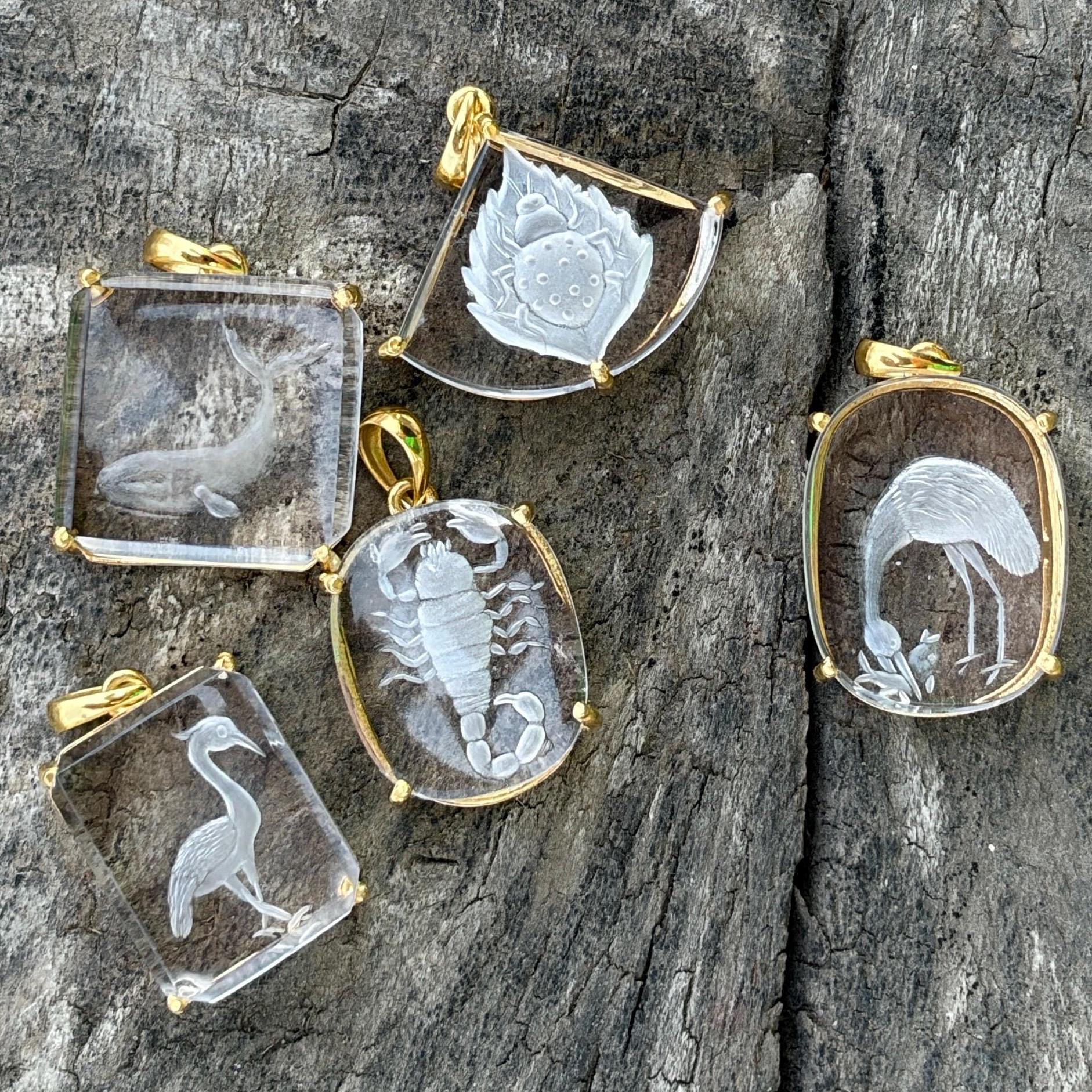 Rock Crystal Intaglio Pendant Collection – Whale Beetle Scorpion Pelican Heron Carved Clear Quartz Gold

