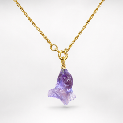 Amethyst Hand Carved Betta Fish Pendant on Gold Chain – Translucent Purple Gemstone Fish Necklace
