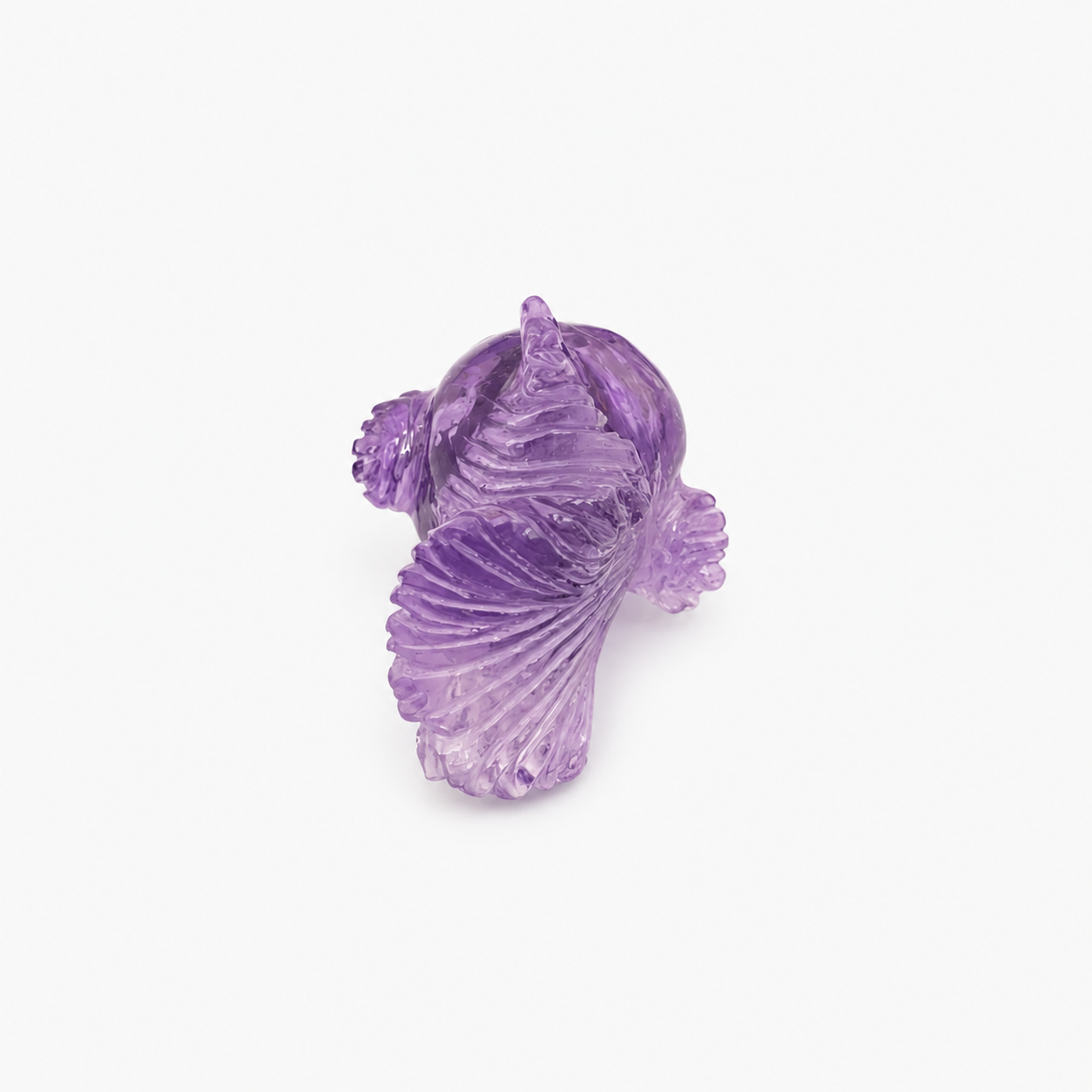 Amethyst Betta Fish Pendant Top View – Hand Carved Deep Purple Gemstone Spiral Scale Fin Detail
