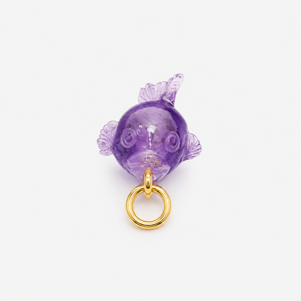 Amethyst Fish Pendant Front View – Hand Carved Round Purple Gemstone Betta Fish Gold Bail Charm
