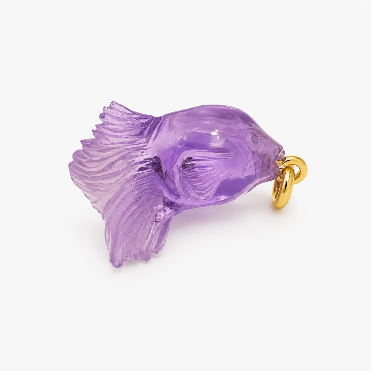 Amethyst Betta Fish Pendant Side View – Hand Carved Translucent Purple Gemstone Flowing Fin Charm
