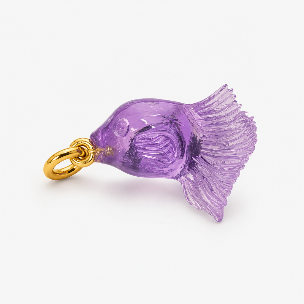 Amethyst Fish Pendant Reverse Side View – Hand Carved Lavender Purple Gemstone Betta Fin Gold Bail
