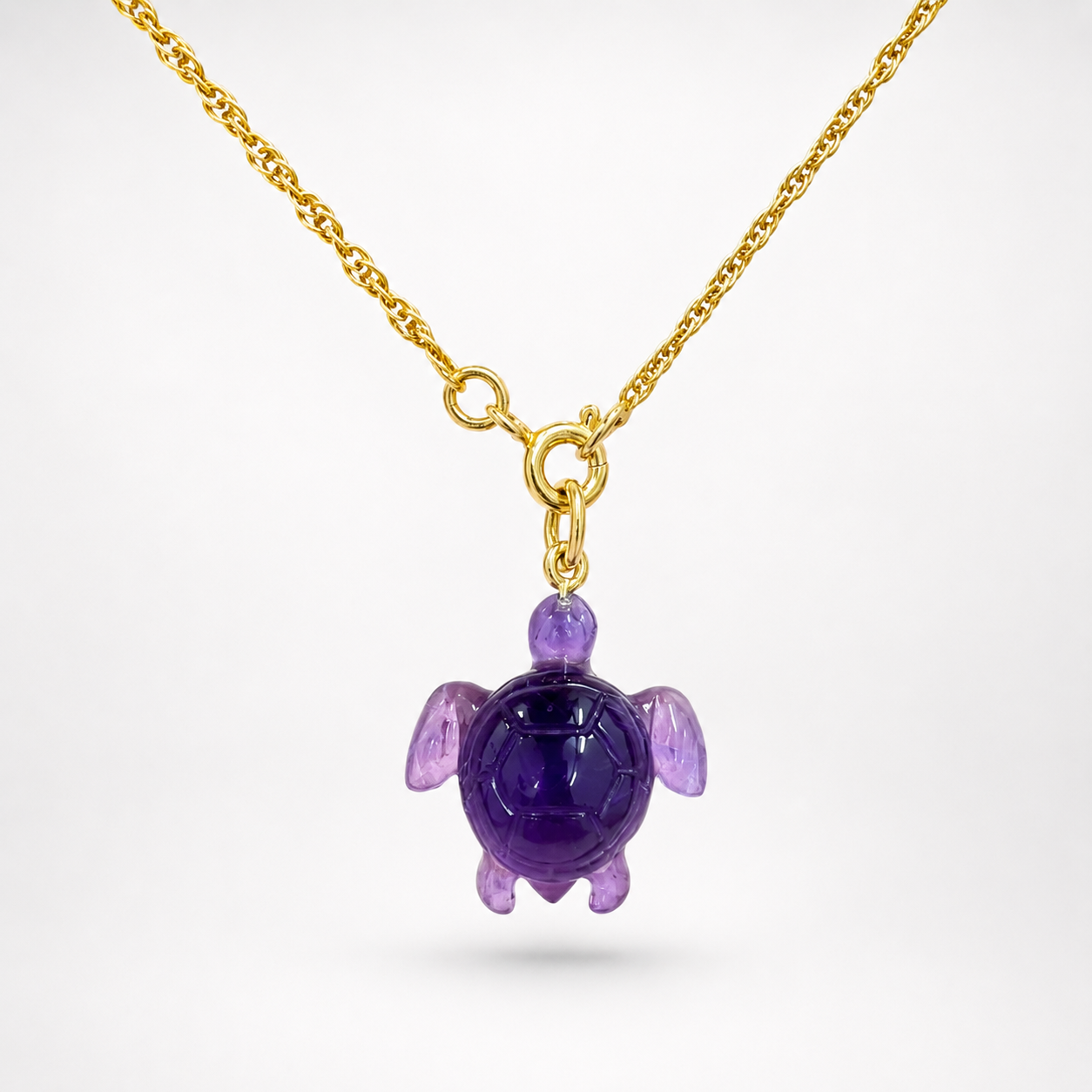 Amethyst Hand Carved Sea Turtle Pendant on Gold Chain – Deep Purple 3D Gemstone Turtle Necklace
