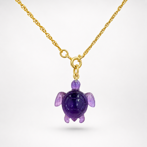 Amethyst Hand Carved Sea Turtle Pendant on Gold Chain – Deep Purple 3D Gemstone Turtle Necklace
