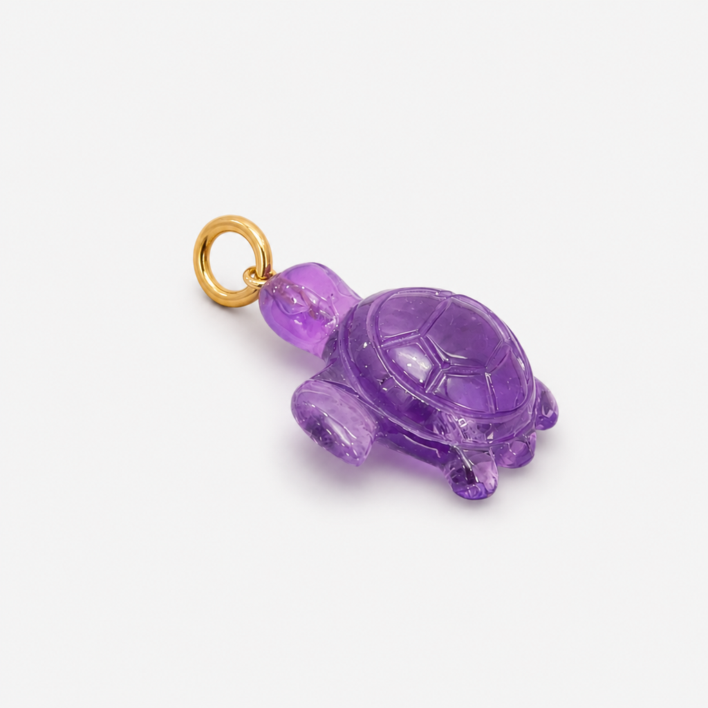 Amethyst Sea Turtle Pendant Side View – Hand Carved 3D Deep Purple Gemstone Gold Bail Charm
