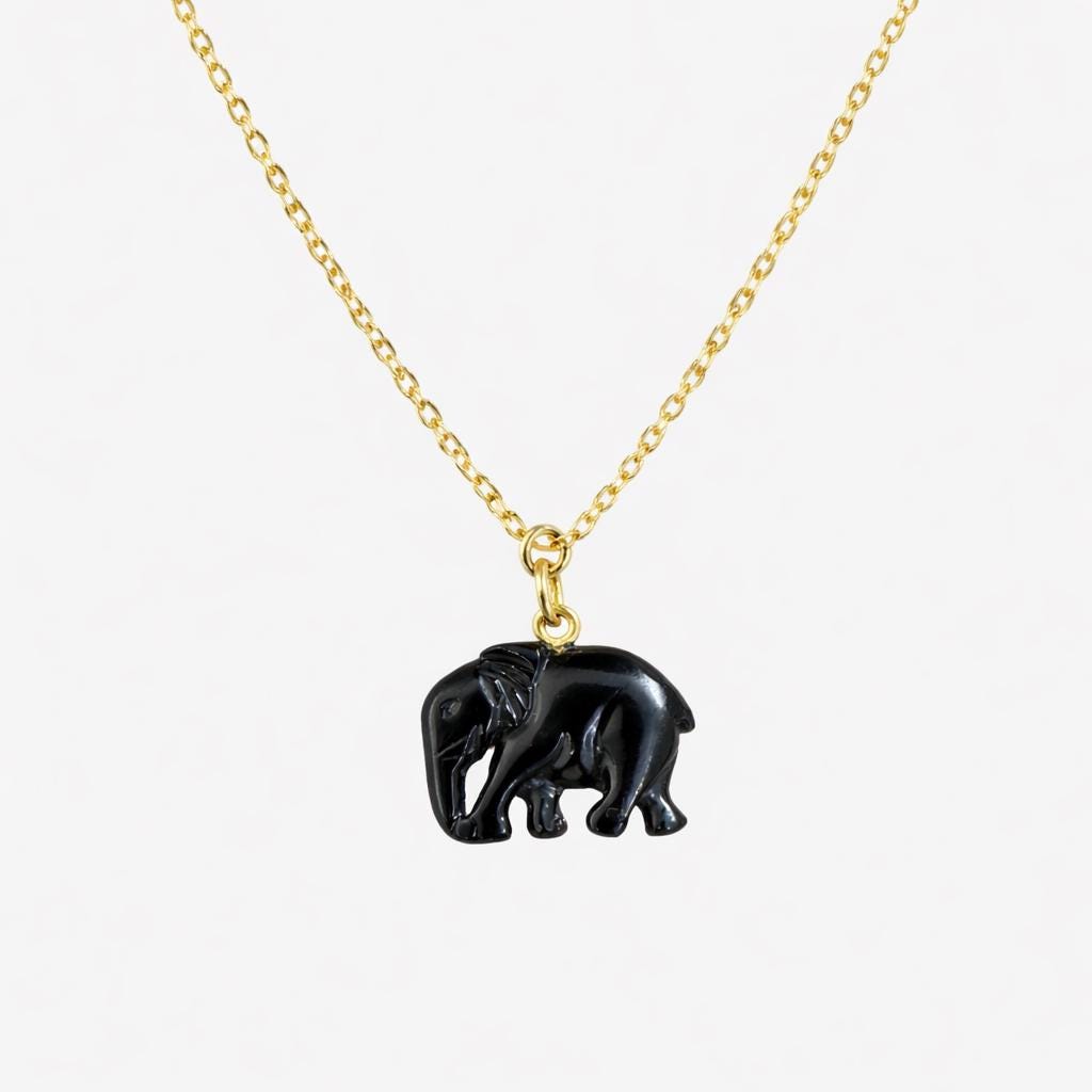 Black Onyx Hand Carved Elephant Pendant on Gold Chain – Glossy Black Gemstone Elephant Charm Necklace
