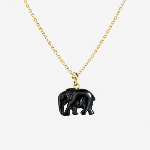 Black Onyx Hand Carved Elephant Pendant on Gold Chain – Glossy Black Gemstone Elephant Charm Necklace

