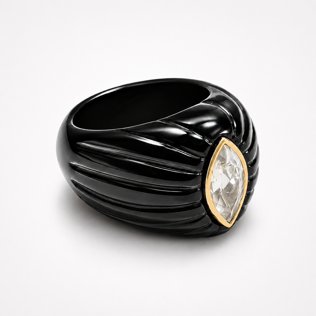 Black Onyx Ring Angled View – White Topaz Marquise in 14K Gold Bezel Fluted Dome Statement Ring
