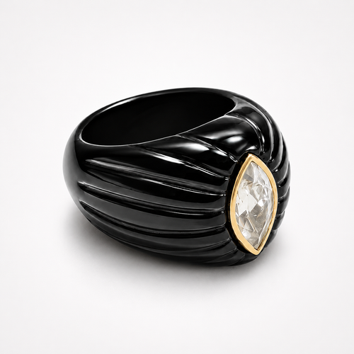 Black Onyx Ring Angled View – White Topaz Marquise in 14K Gold Bezel Fluted Dome Statement Ring
