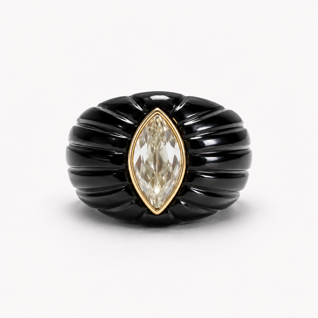 Black Onyx Fluted Dome Ring Front View – White Topaz Marquise 14K Gold Bezel Statement Ring
