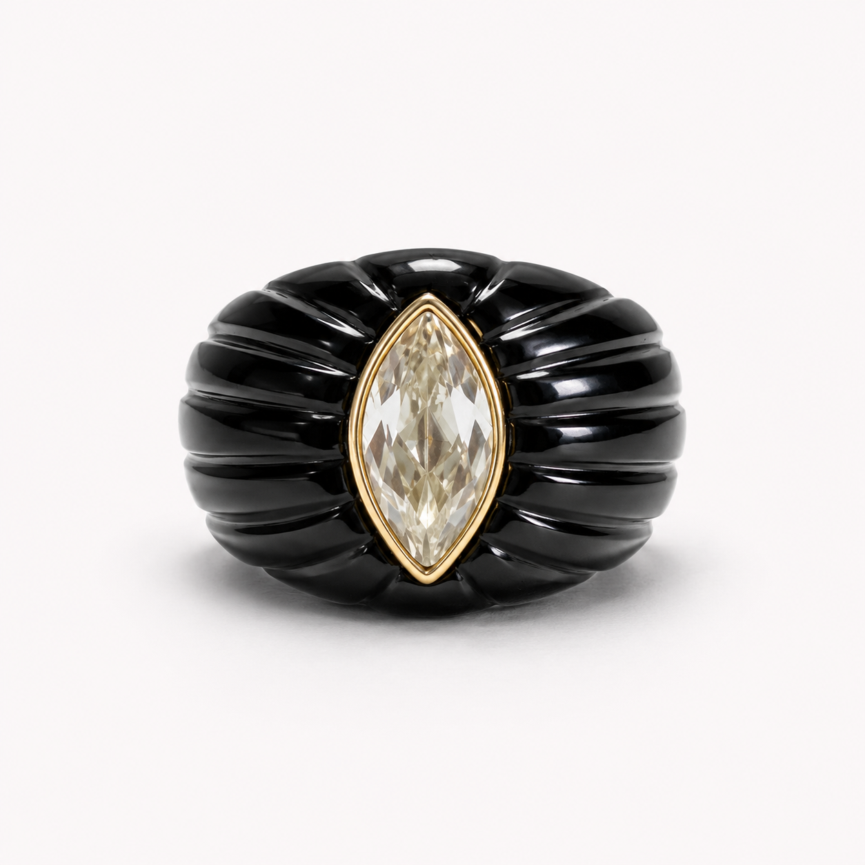 Black Onyx Fluted Dome Ring Front View – White Topaz Marquise 14K Gold Bezel Statement Ring
