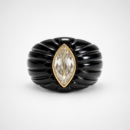 Black Onyx Fluted Dome Ring Front View – White Topaz Marquise 14K Gold Bezel Statement Ring
