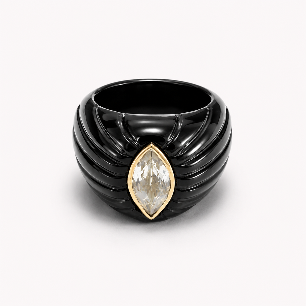 Black Onyx Ring Top-Down View – Fluted Band with White Topaz Marquise in 14K Gold Bezel
