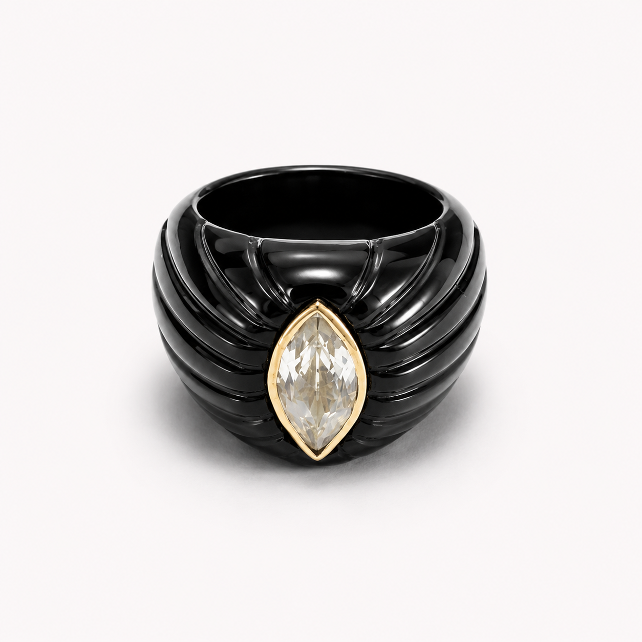 Black Onyx Ring Top-Down View – Fluted Band with White Topaz Marquise in 14K Gold Bezel
