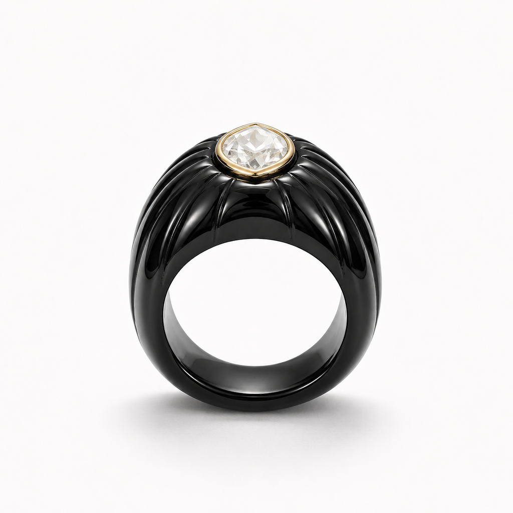 White Topaz Marquise Close-Up in 14K Gold Bezel – Black Onyx Fluted Ring Detail Shot
