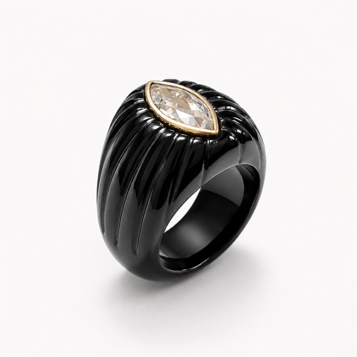 Black Onyx Fluted Ring Elevated Angle – White Topaz Marquise 14K Gold Bezel Wide Band Ring
