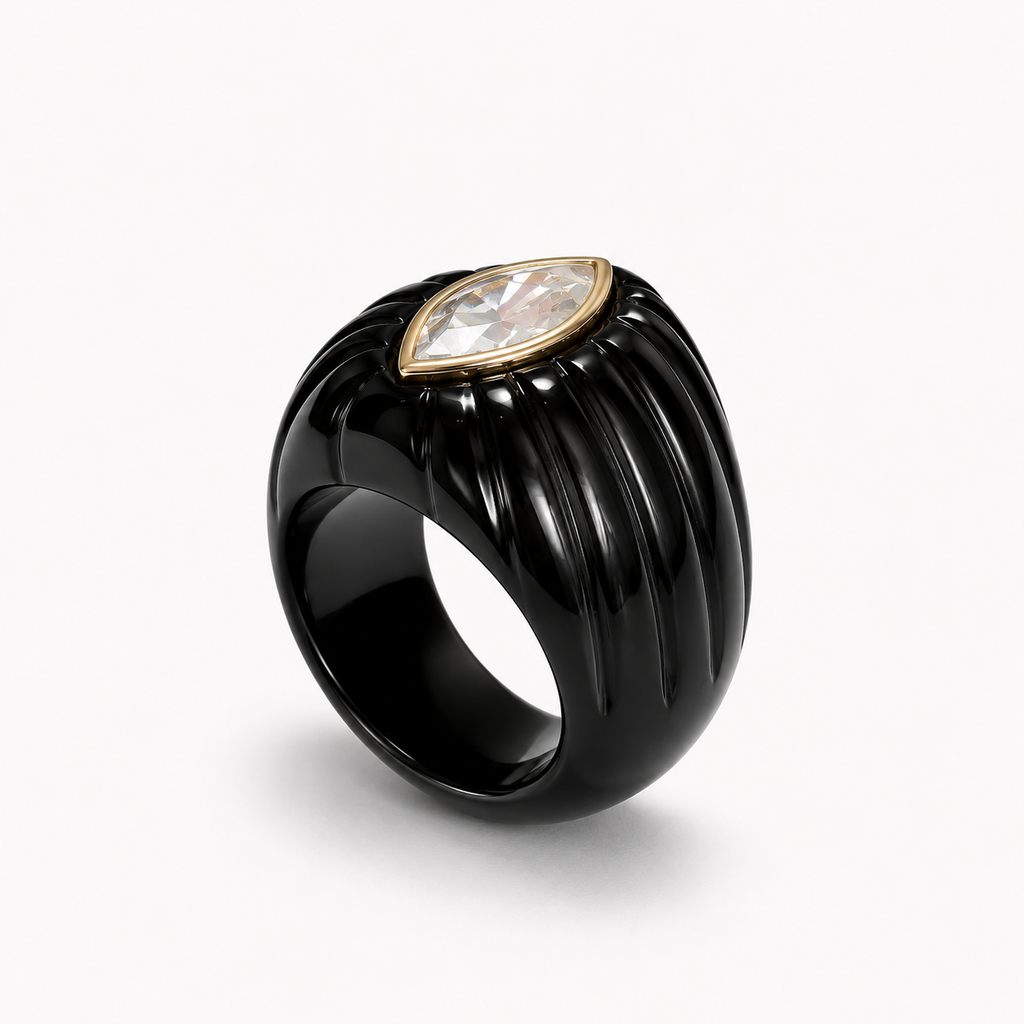 Black Onyx Fluted Dome Ring Angled – White Topaz 14K Gold Bezel Marquise Gemstone Statement Ring
