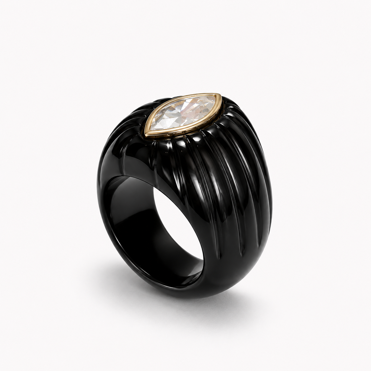 Black Onyx Fluted Dome Ring Angled – White Topaz 14K Gold Bezel Marquise Gemstone Statement Ring
