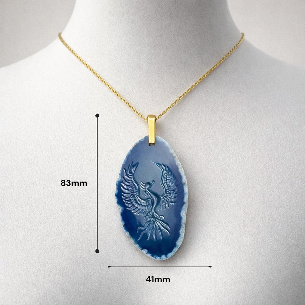 Blue Agate Phoenix Intaglio Pendant Size Guide – 83mm x 41mm Carved Oval Agate Slice Gold Necklace
