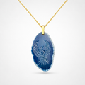 Blue Agate Phoenix Intaglio Pendant on Gold Chain – Carved Rising Phoenix Oval Agate Slice Necklace
