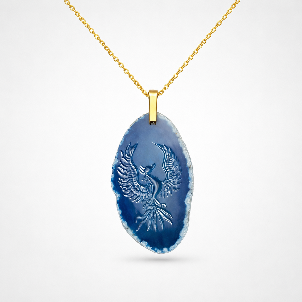 Blue Agate Phoenix Intaglio Pendant on Gold Chain – Carved Rising Phoenix Oval Agate Slice Necklace
