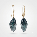 Blue Tourmaline Carved Fish Earrings – 14K Gold Wire with Natural Diamond Bezel Drop Earrings

