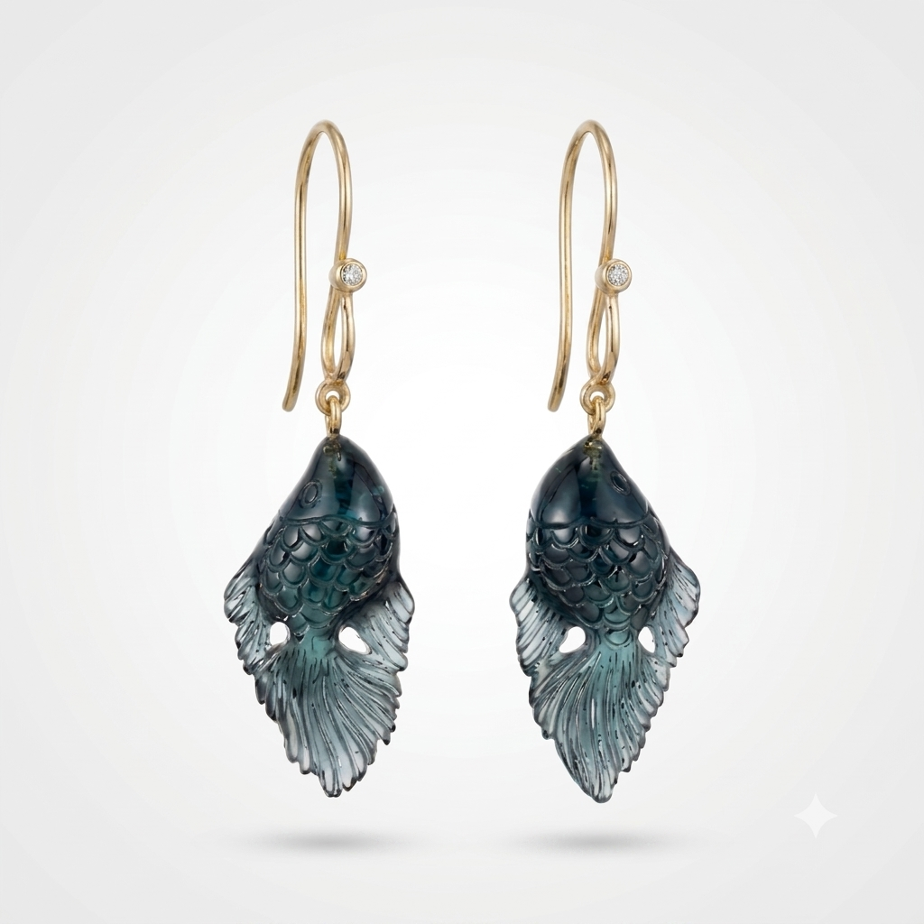 Blue Tourmaline Carved Fish Earrings – 14K Gold Wire with Natural Diamond Bezel Drop Earrings
