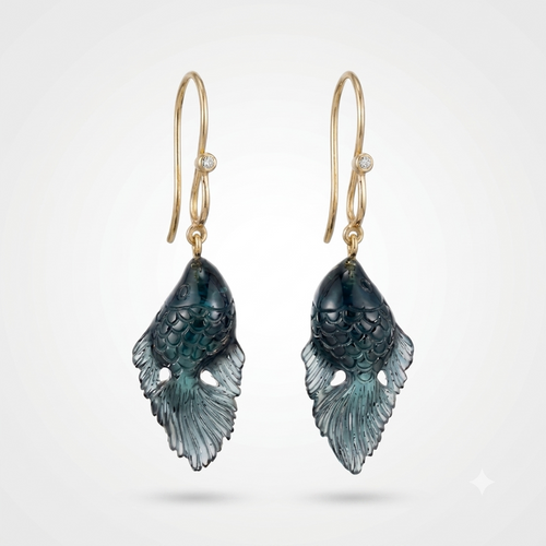 Blue Tourmaline Carved Fish Earrings – 14K Gold Wire with Natural Diamond Bezel Drop Earrings
