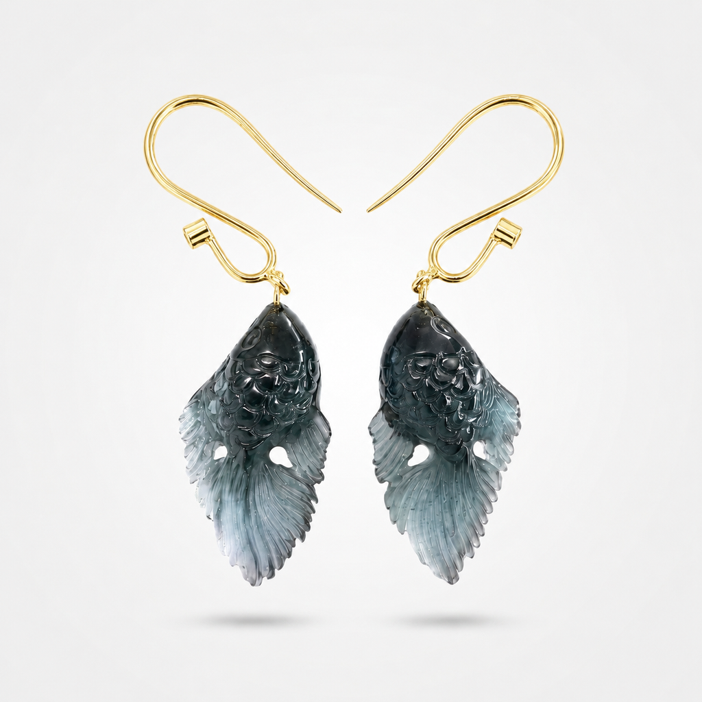 Blue Tourmaline Hand Carved Betta Fish Earrings – Detailed Scale and Fin Carving 14K Gold Hooks
